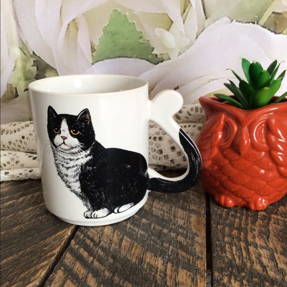 Vintage Porcelain Cat Mug Black & White Kitty Cat Mug Nice!